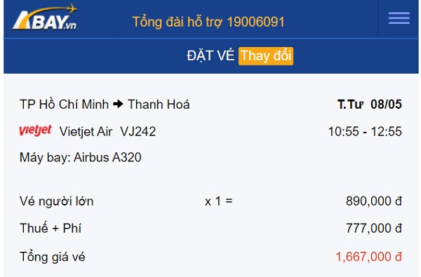 Bay Tp Hồ Chí Minh – Thanh Hóa tháng 5 có giá vé khởi điểm từ 890k/ chiều!