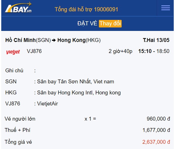 Xuất hiện vé bay thẳng Tp Hồ Chí Minh – Hong Kong trong tháng 5 giá chỉ từ 960k/ chiều!
