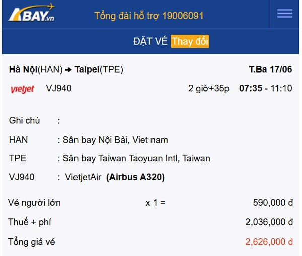 Tháng 6, bay Hà Nội – Đài Bắc giá cực 