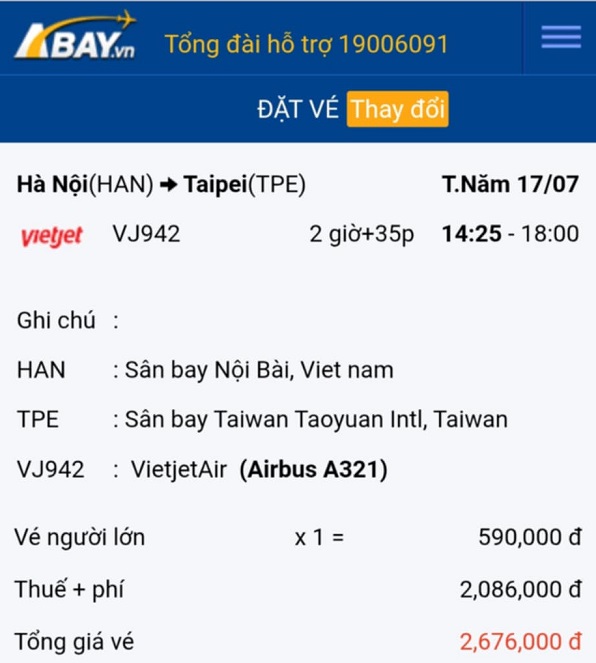 Lượng ít vé 590k xuất hiện trên hành trình Hà Nội – Đài Bắc tháng 07/2025