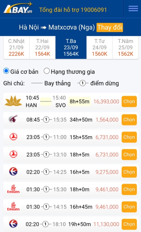 Đặt vé máy bay Hà Nội – Moscow tháng 09/2025 giá tốt nhất tại ABAY