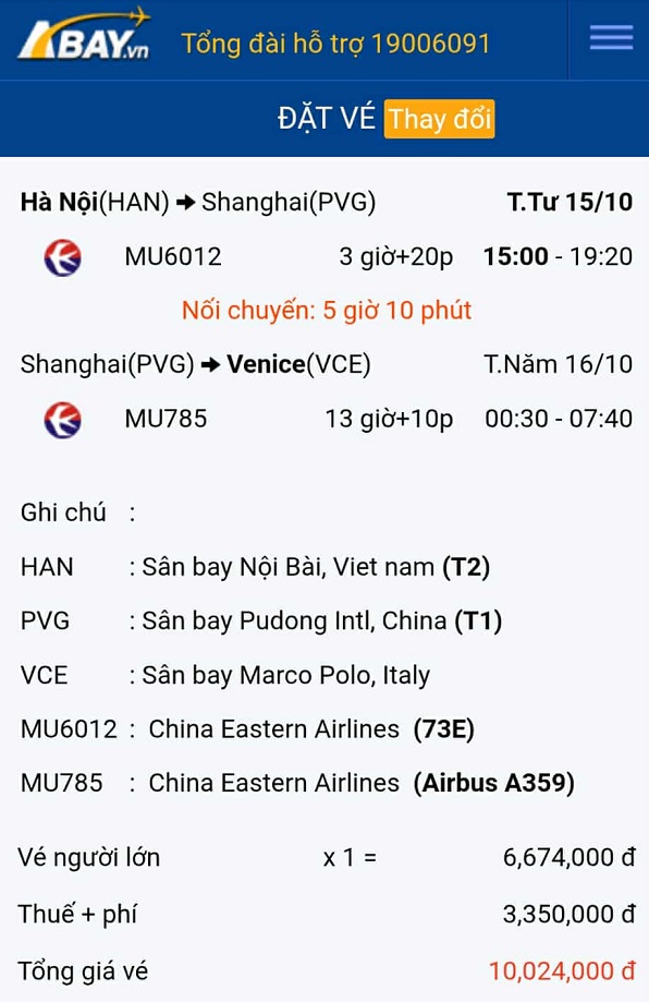 Dễ dàng đặt vé máy bay Hà Nội – Venice (Ý) tháng 10/2025 giá tốt nhất tại ABAY