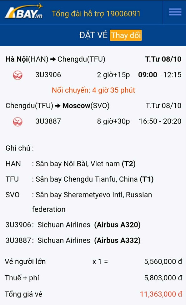Xuất hiện loạt vé máy bay giá tốt nhất chặng Hà Nội – Moscow vào tháng 10/2025 tại ABAY