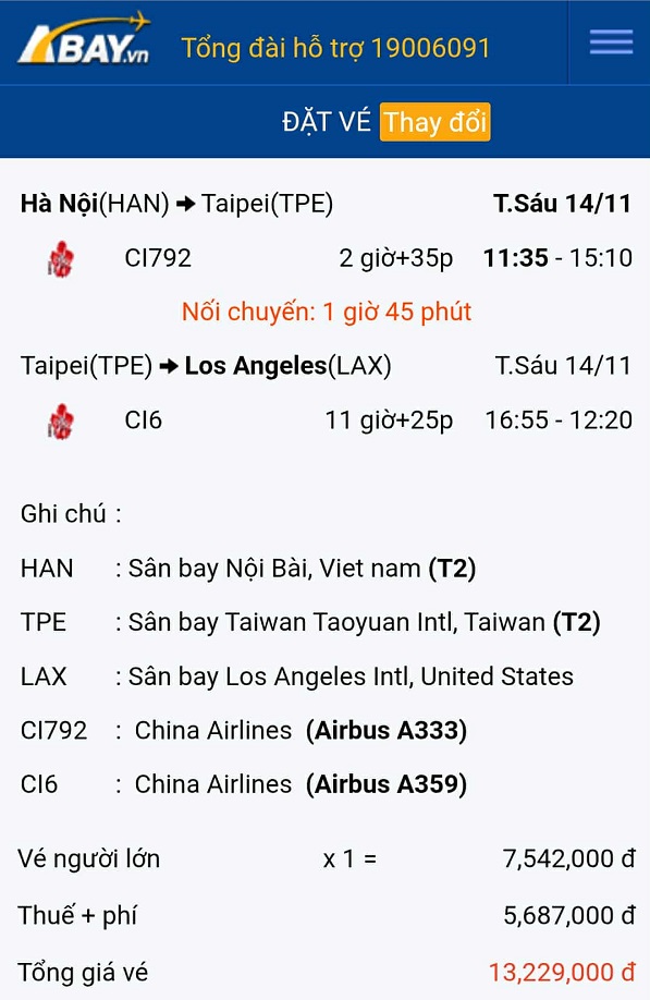 Bay Hà Nội – Los Angeles với mức giá vé tốt nhất tháng 11/2025 tại ABAY