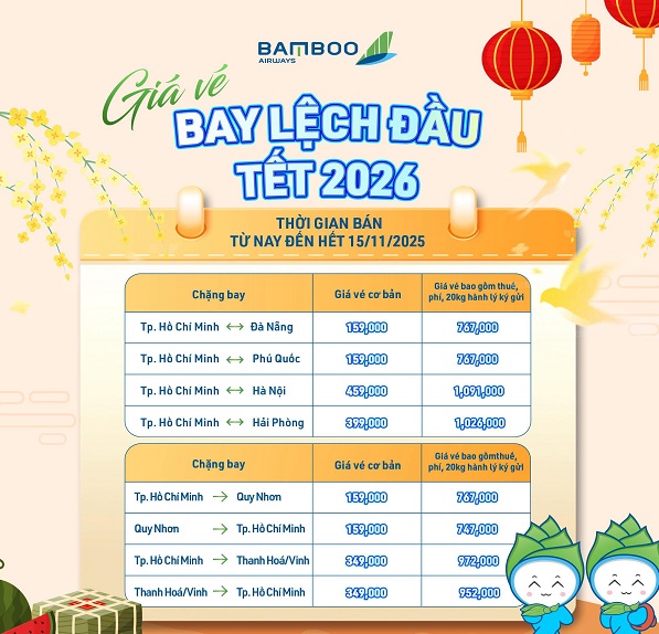 Săn ngay vé máy bay lệch đầu Tết chỉ từ 159k của Bamboo Airways