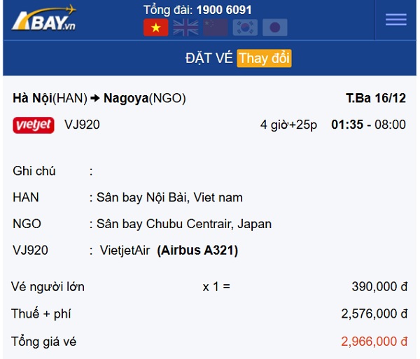 Bay Hà Nội – Nagoya (Nhật Bản) tháng 12 giá vé chỉ từ 390k/ chiều!