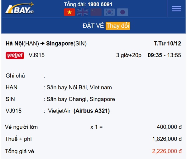 Xuất hiện giá vé 400k của VietJet Air trên hành trình bay thẳng Hà Nội – Singapore tháng 12