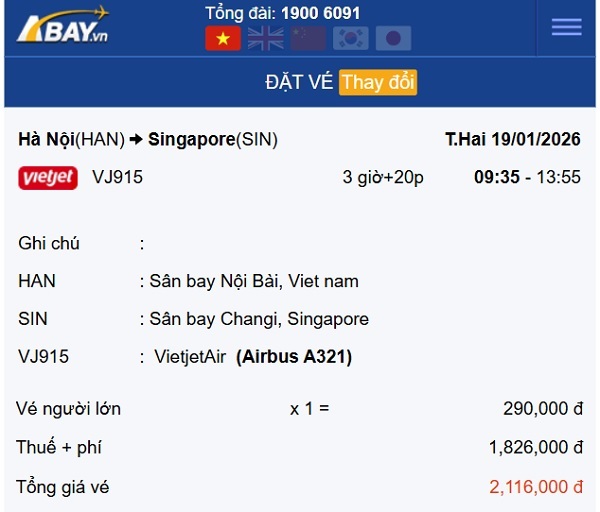 Bay thẳng Hà Nội – Singapore tháng 1: Giá vé cực tốt chỉ từ 290k!