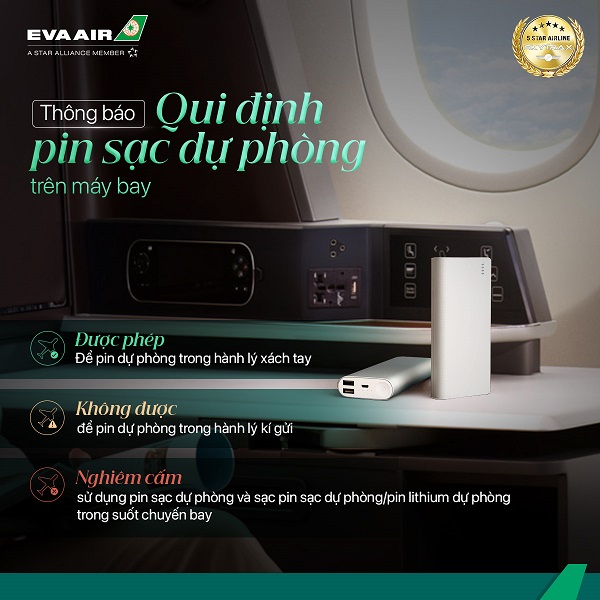  Thông báo về quy định mang pin sạc dự phòng trên các chuyến bay của EVA Air 