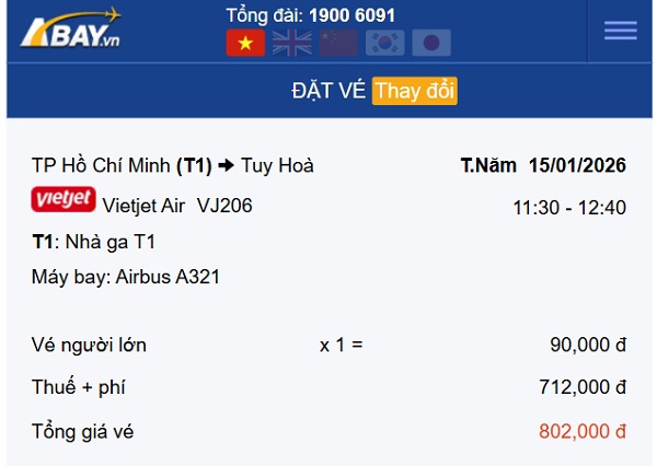 Bay Tp Hồ Chí Minh – Tuy Hòa tháng 1/2026 với giá vé chỉ từ 90k/ chiều