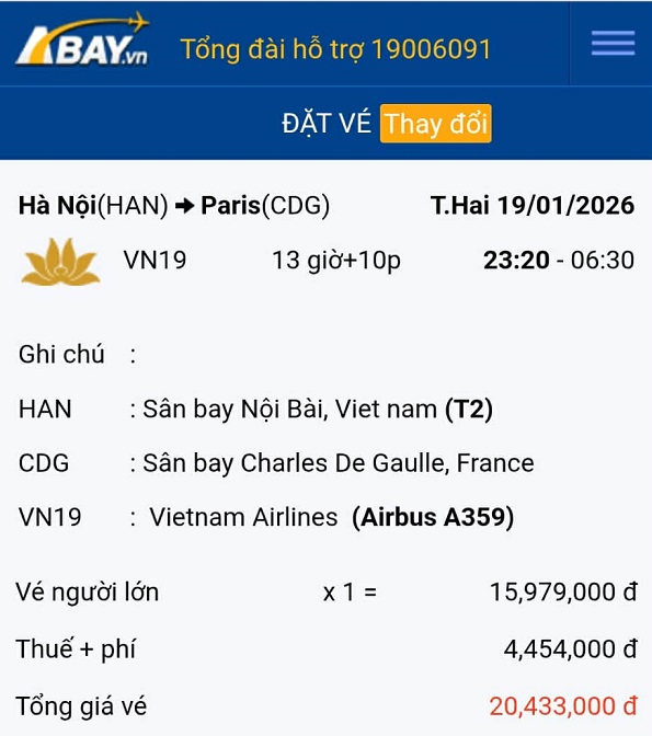 Bay thẳng Hà Nội – Paris tháng 01/2026 tiết kiệm với loạt vé tốt từ ABAY