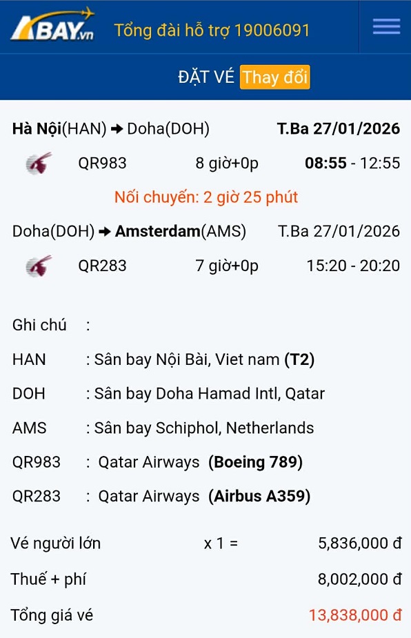 Dễ dàng đặt ngay vé máy bay Hà Nội – Amsterdam giá tốt vào tháng 01/2026