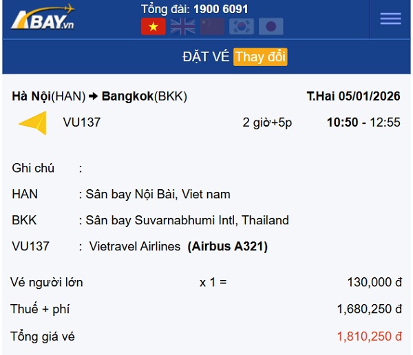 Bay thẳng Hà Nội – Bangkok (Thái Lan) tháng 1/2026 giá vé có cao không?