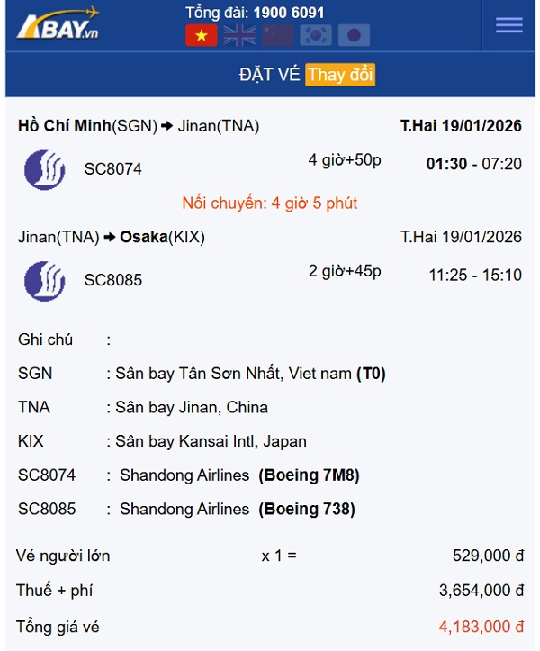 Bay Tp Hồ Chí Minh – Osaka (Nhật Bản) tháng 1: Giá vé chỉ từ 529k/ chiều