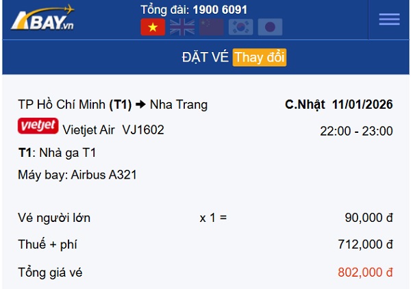 Bay Tp Hồ Chí Minh – Nha Trang tháng 1 giá vé cực “hời” chỉ từ 90k!