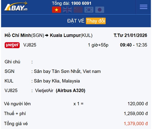 Bay thẳng Tp Hồ Chí Minh – Kuala Lumpur tháng 1: Giá vé là bao nhiêu?