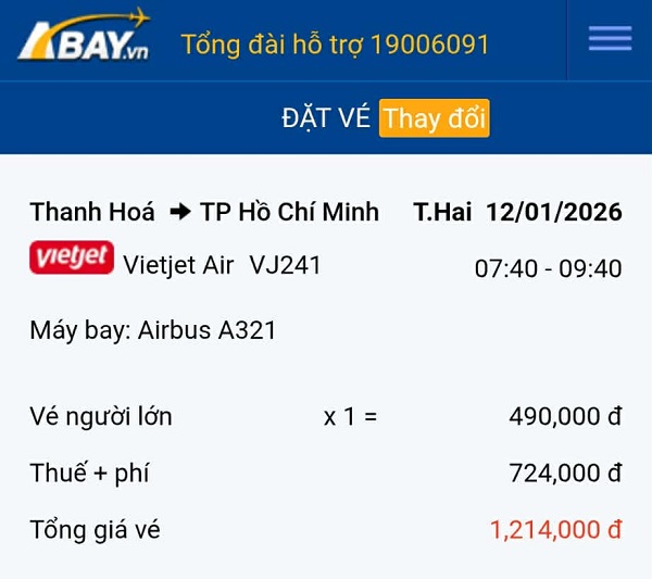 Hàng loạt vé máy bay chỉ 490k đang được mở bán cho chặng Thanh Hóa – Tp Hồ Chí Minh tháng 01/2026