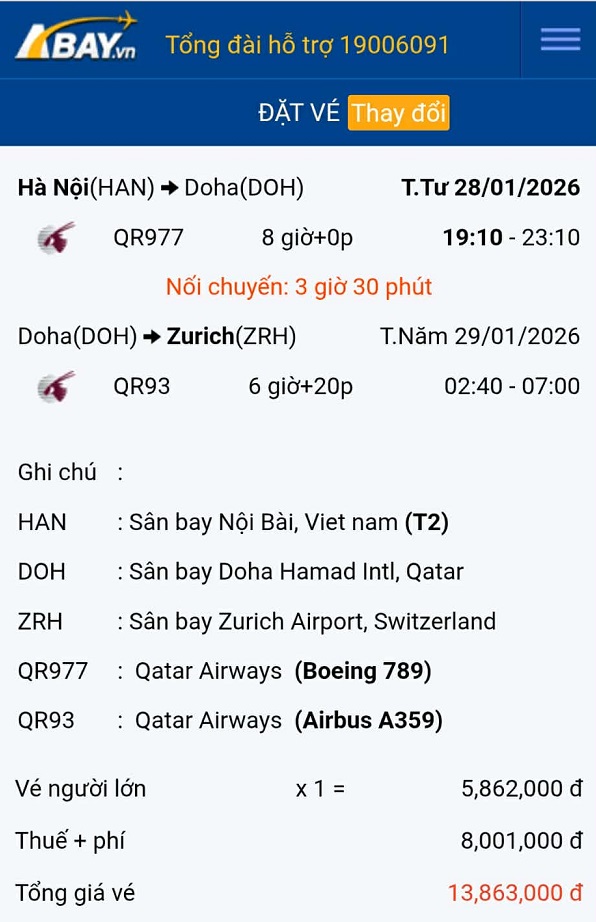 Đặt ngay vé máy bay giá tốt nhất chặng Hà Nội – Zurich vào tháng 01/2026