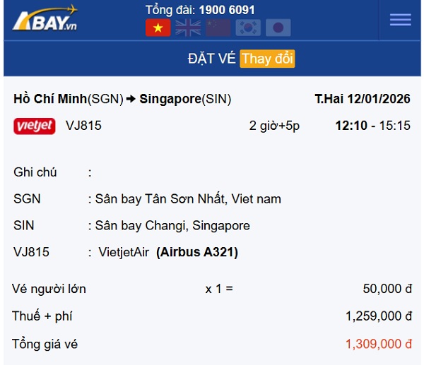 VietJet Air tung “mưa” vé rẻ chỉ 50k/ chiều bay Tp Hồ Chí Minh – Singapore tháng 01/2026