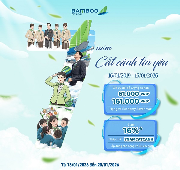 Kỉ niệm tròn 7 năm cất cánh, Bamboo Airways mở bán ưu đãi đặc biệt!
