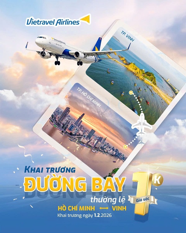 Vietravel Airlines tung ưu đãi đặc biệt nhân dịp khai trương đường bay Tp Hồ Chí Minh - Vinh