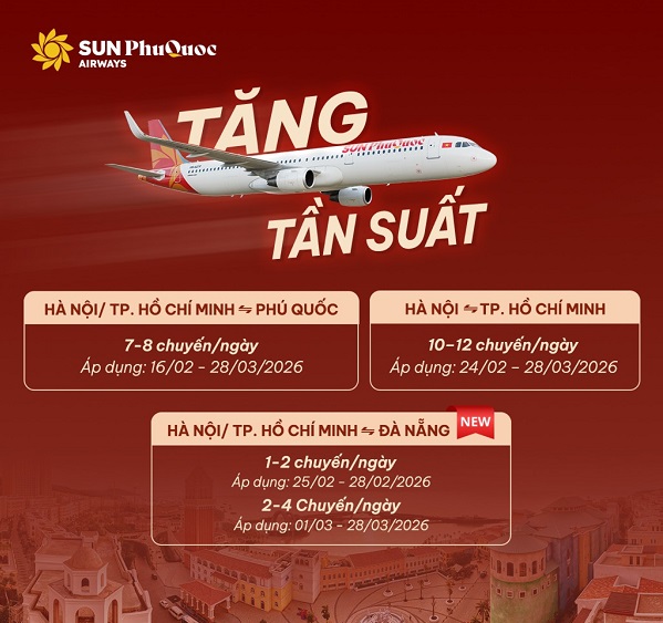 Sun PhuQuoc Airways tăng tần suất bay giai đoạn tháng 02 – 03/2026