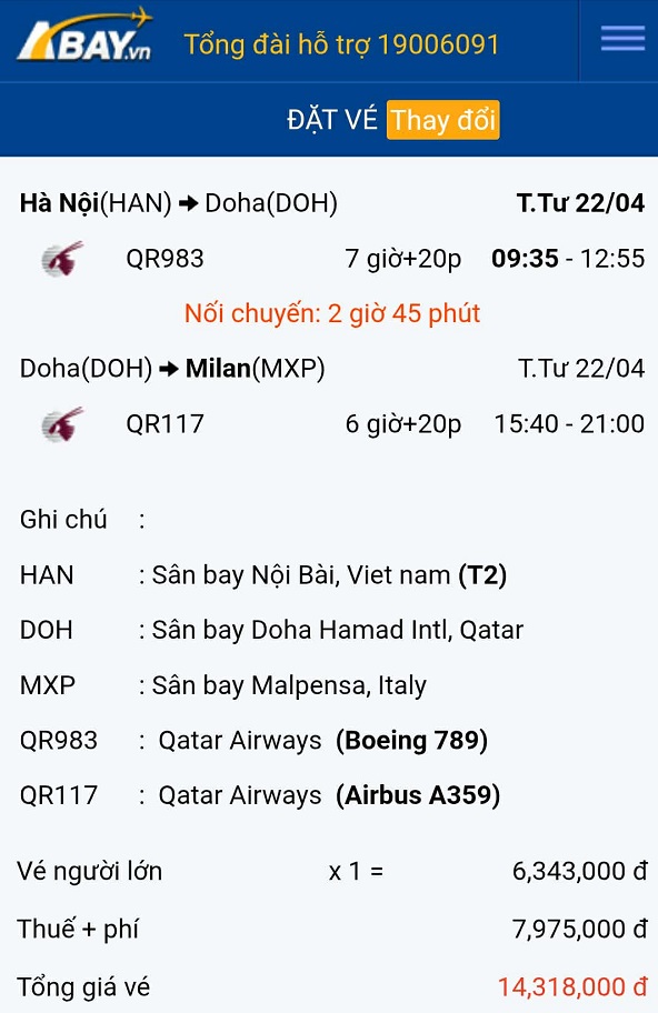 Đặt vé máy bay chặng Hà Nội – Milan giá tốt nhất tháng 04/2026 tại ABAY 