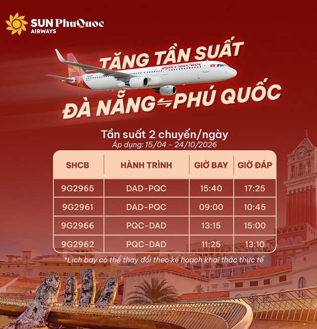 Sun PhuQuoc Airways tăng gấp đôi chuyến bay cho chặng Đà Nẵng - Phú Quốc 