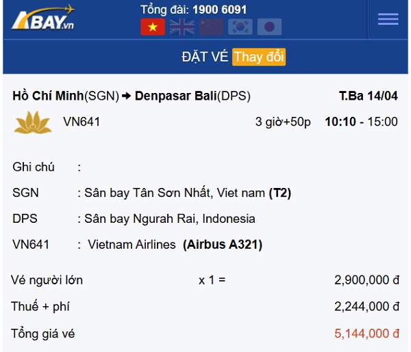 Bay thẳng tới Bali từ Tp Hồ Chí Minh tháng 4 giá vé có cao không?