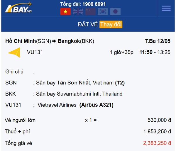 Nhanh tay book vé bay thẳng Tp Hồ Chí Minh – Bangkok tháng 5 giá khởi điểm 530k/ chiều!