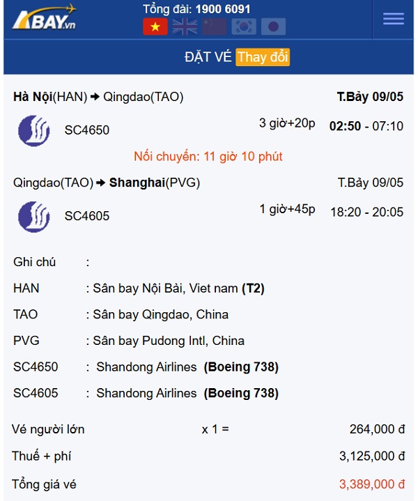 Bay Hà Nội – Thượng Hải (Trung Quốc) tháng 5: Khởi điểm 264k/ chiều?