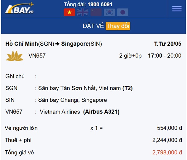 Bay thẳng Tp Hồ Chí Minh – Singapore tháng 5: Khởi điểm chỉ 554k/ chiều