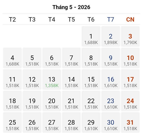 Bay Hà Nội –Tp Hồ Chí Minh tháng 05/2026 với giá vé tiết kiệm nhất