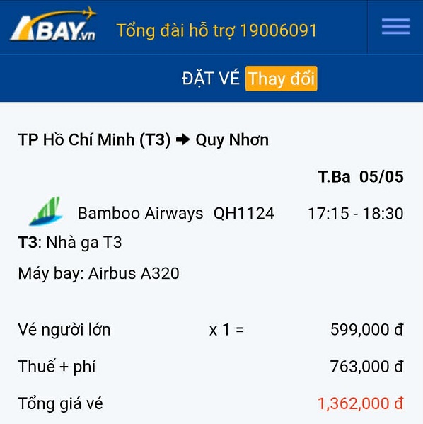 Bay Tp Hồ Chí Minh – Quy Nhơn vào tháng 05/2026 với giá vé tiết kiệm nhất tại ABAY