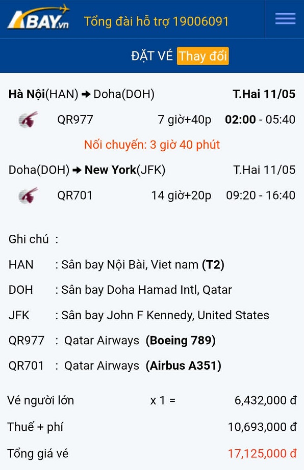 Ghi nhận từ ABAY.vn cho thấy, chặng bay Hà Nội – New York vào tháng 05/2026 hiện đang có mức giá vé khá tốt, giúp bạn tối ưu chi phí cho chuyến đi của mình. Tham khảo thông tin hữu ích được ABAY cập n