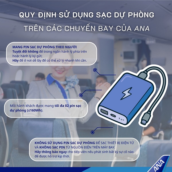 Quy định sử dụng pin/ sạc dự phòng trên các chuyến bay của All Nippon Airways (áp dụng từ 24/4/2026)