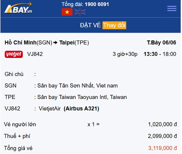 Book vé bay thẳng Tp Hồ Chí Minh – Đài Bắc (Đài Loan) tháng 6: Giá khởi điểm 1.020k/ chiều!
