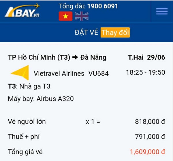ABAY ghi nhận nhiều vé giá tốt được mở bán cho chặng Tp Hồ Chí Minh – Đà Nẵng tháng 06/2026