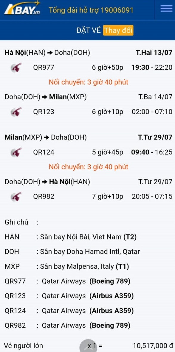 Đặt vé máy bay Hà Nội – Milan giá tốt nhất tháng 07/2026 tại ABAY.vn