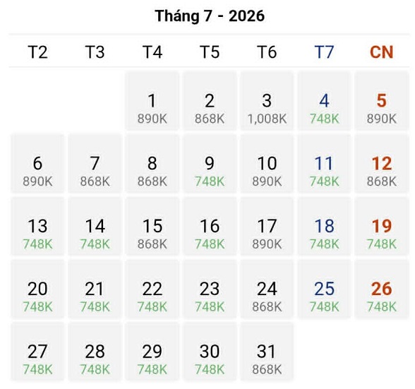 Vé máy bay Hà Nội – Nha Trang tháng 07/2026 phổ biến ở mức 748.000đ