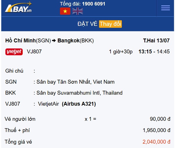 Bay Tp Hồ Chí Minh – Bangkok tháng 7: Giá rẻ “sập sàn” chỉ từ 90k/ chiều