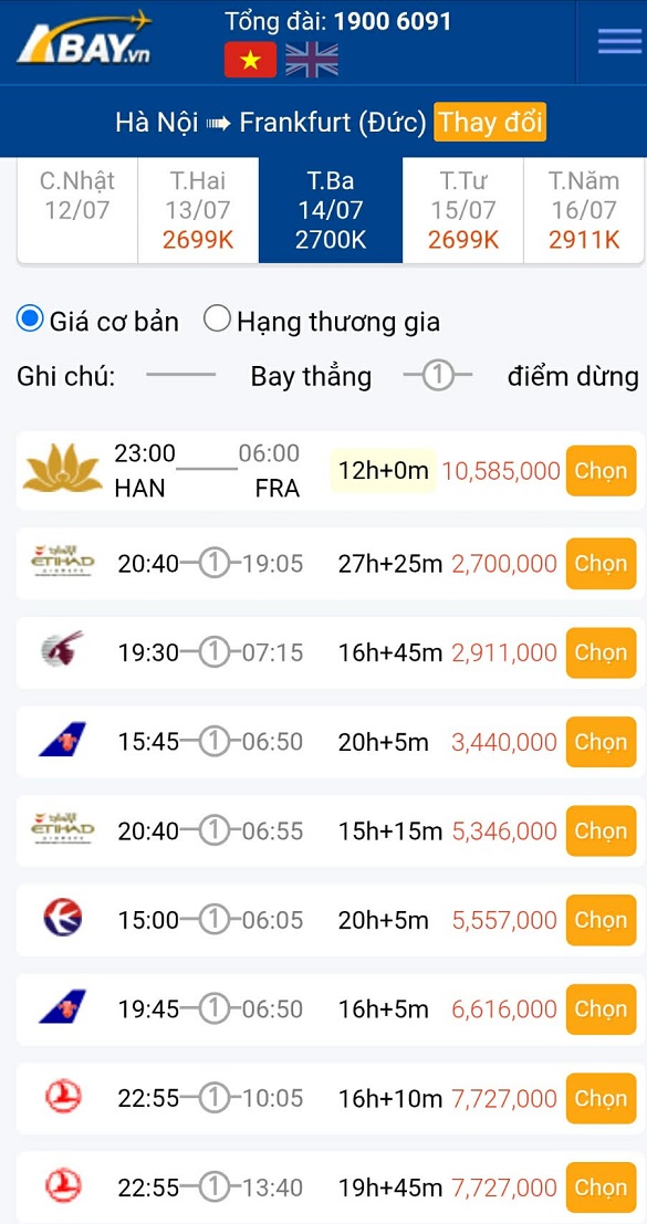 Đặt vé máy bay Hà Nội – Frankfurt giá tốt nhất trong tháng 07/2026 tại ABAY