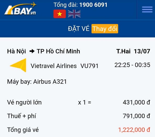 Vé máy bay Hà Nội – TP Hồ Chí Minh tháng 07/2026 phổ biến từ 431k 