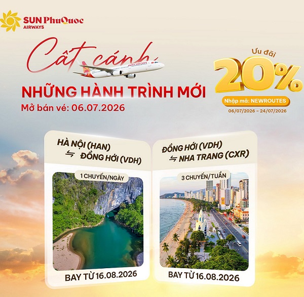 Sun PhuQuoc Airways mở thêm 2 đường bay mới – Ưu đãi giảm ngay 20% giá vé để bạn thoải mái vi vu!