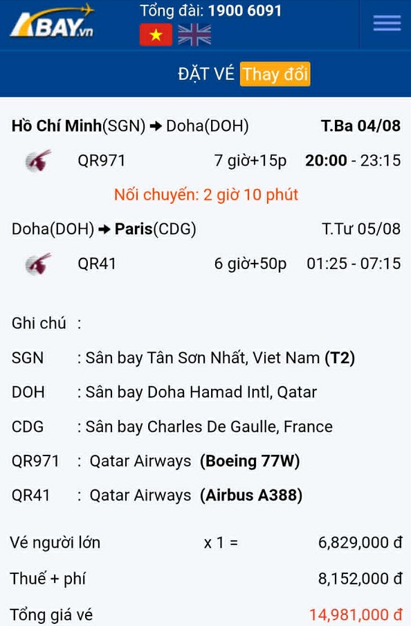 Cập nhật vé máy bay giá tốt nhất chặng Tp Hồ Chí Minh – Paris tháng 08/2026