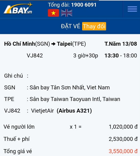 Vé máy bay giá tốt chặng Tp Hồ Chí Minh – Đài Bắc tháng 08/2026 tại ABAY đang chờ bạn!