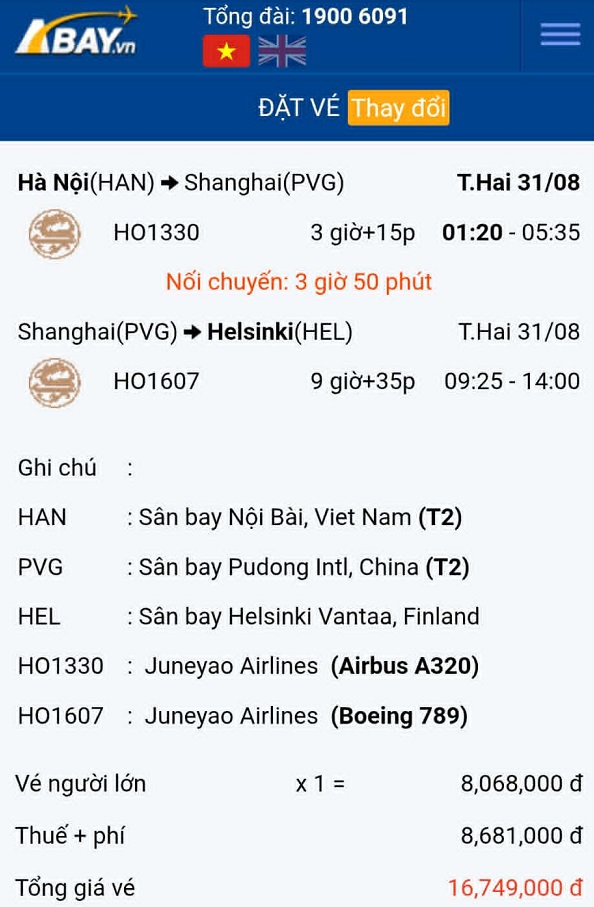 Cập nhật vé máy bay giá tốt chặng Hà Nội – Helsinki tháng 08/2026