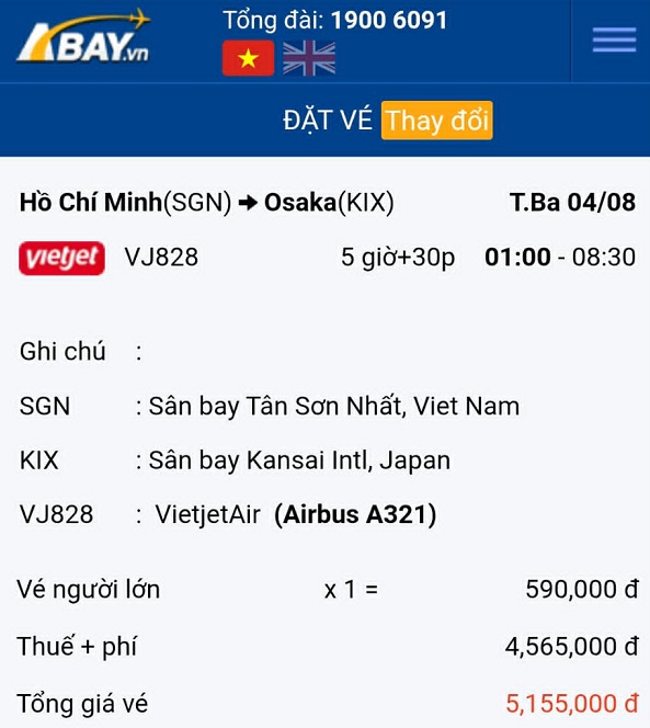 Cập nhật vé máy bay giá tốt nhất chặng Tp Hồ Chí Minh – Osaka tháng 08/2026