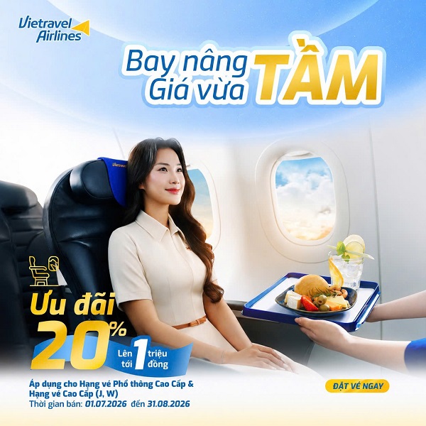 Vietravel Airlines giảm 20% vé Premium, Eco-Premium – Bay nâng tầm, giá vừa tầm!