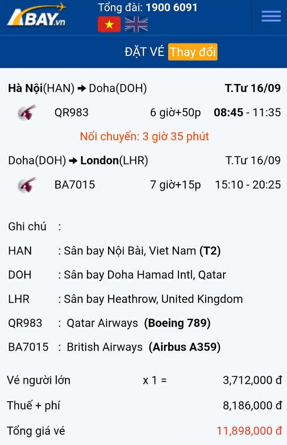 Vé Hà Nội – London tháng 09/2026 đang có giá tốt, săn ngay tại ABAY